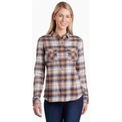 KUHL Women's Tess Flannel Long Sleeve -Active Wear Shop 8457 tess flannel ls copper front 9307 ps pdp photo