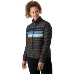 Cotopaxi Women's Fuego Down Jacket -Active Wear Shop f21 w fuego hoodless iron stripes front 0d80436d 9f40 4b35 9500 a9f7ad105796
